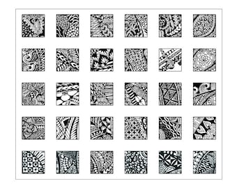 Printable Digital Stamp Sheet — 30 Hand-Drawn 1-Inch Zentangle Squares, Instant Download