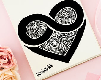 Zentangle Heart Printable Wall Art — Infinite Love Line Drawing, Valentine Gift Download