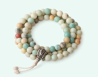 Natural Amazonite Mala Necklace – 108 Bead Meditation & Prayer Beads | Handcrafted in Nepal