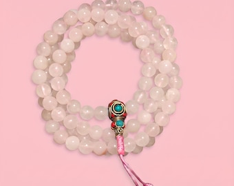 Rose Quartz Mala Necklace – 108 Bead Meditation & Prayer Beads, Handmade Buddhist Mala