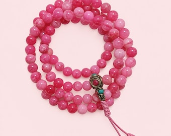 Dark Pink Rose Quartz Mala Necklace 108 Bead Meditation & Prayer Beads | Handcrafted in Nepal