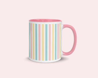 Striped Ceramic Coffee Mug, Pink Handle and Interior