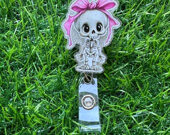 Skeleton Girl Badge Reel, ID Clip, ID Holder, Retractable Badge Reel, Nurse ID Holder, Badge Reel, Halloween, Halloween Badge Reel, Skeleton