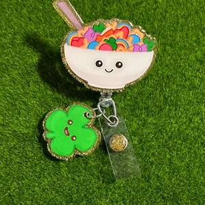 Lucky Cereal Bowl Badge Reel, Clover Badge Reel, Retractable Badge Reel, St Patty’s Badge Reel, St Patricks Badge Reel, Shamrock Badge Reel