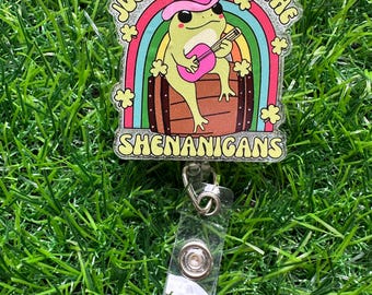 Here For The Shananigans Badge Reel, ID Clip, ID Holder, Retractable Badge Reel, Nurse ID Holder, Badge Reel, Frog Badge Reel