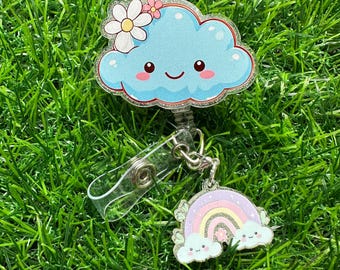 Happy Cloud Badge Reel, ID Clip, ID Holder, Retractable Badge Reel, Nurse ID Holder, Badge Reel, Nurse Badge Reel, Rainbow , Cloud