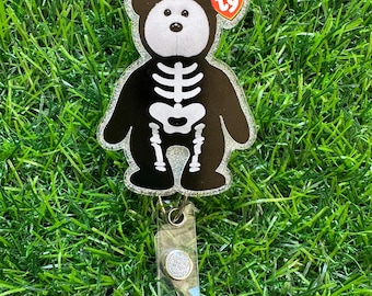 Skeleton Bear Badge Reel, ID Clip, ID Holder, Retractable Badge Reel, Nurse ID Holder, Badge Reel, Halloween, Halloween Badge Reel, Bear