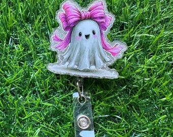 Pink Ghost Badge Reel, ID Clip, ID Holder, Retractable Badge Reel, Nurse ID Holder, Badge Reel, Halloween, Halloween Badge Reel, Ghost