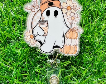 Fall Ghost Badge Reel, ID Clip, ID Holder, Retractable Badge Reel, Nurse ID Holder, Badge Reel, Halloween, Halloween Badge Reel, Ghost