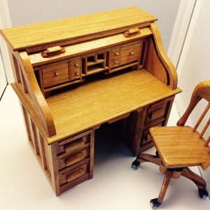 Miniature Wooden Roll-top Desk and Chair