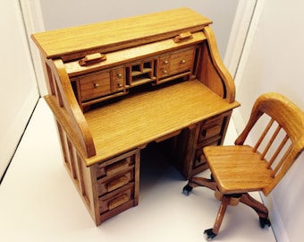 Miniature Wooden Roll-top Desk and Chair