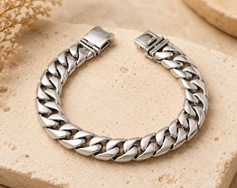 Men’s Heavy Solid Sterling Silver Cuban Link Bracelet, 8.3 Inch Handmade Chunky Curb Chain Bracelet, Wide 0.55 Inch Statement Bracelet,