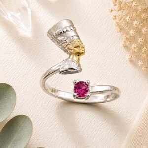 Queen Nefertiti Ring | Sterling Silver, Gold Detail & Ruby CZ
