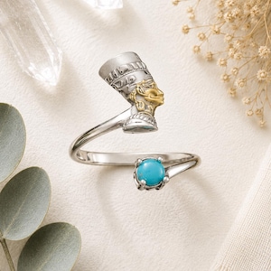 Queen Nefertiti Sterling Silver Ring – Egyptian Adjustable Wrap Ring with Turquoise Color CZ