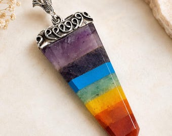 Sterling Silver 7 Chakra Gemstone Point Pendant, Layered Rainbow Crystal, Bohemian Jewelry