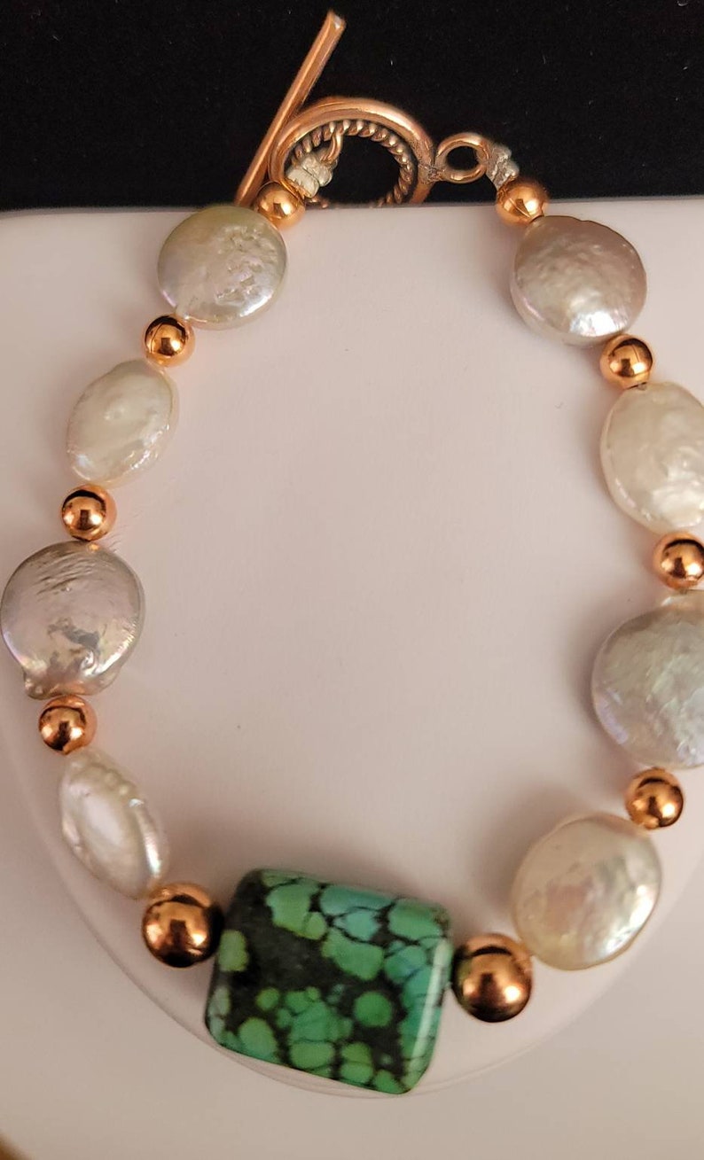 Coin Pearl bracelets shops with green natural turquoise and copper design and made by Veronica Yellowhorse Navajo Dine' absolutely gorgeous