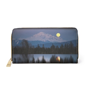 PNW Moon Mountain Landscape Zipper Wallet, Mt Baker,  Nature-Inspired Wallet, Travel Accessory, Perfect Gift for Hikers, Outdoor Enthusiasts