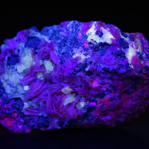 K&ouml;nnte beinhalten: Nahaufnahme eines violetten und rosafarbenen Mineralproben unter UV-Licht. Das Mineral hat eine raue, strukturierte Oberfl&auml;che und ist mit kleinen Kristallen bedeckt.