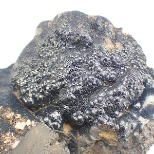 May include: Close-up of a dark, textured mineral specimen. The surface is a mix of black, shiny, and rough areas, with small, crystalline inclusions. The overall shape is irregular and organic, set against a white background.