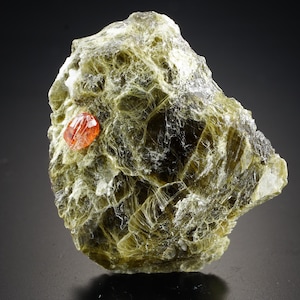 May include: A red-orange spessartine garnet crystal embedded in a matrix of green mica. The garnet is translucent and has a glassy luster. The mica is opaque and has a pearly luster.