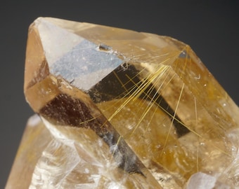 May include: A large, clear quartz crystal with golden rutile inclusions. The crystal is faceted and has a sharp point. The rutile inclusions are visible throughout the crystal, creating a shimmering effect.