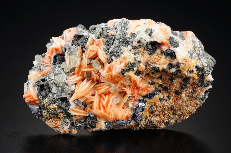 K&ouml;nnte beinhalten: Ein Cluster aus orangefarbenen und wei&szlig;en Kristallen auf einer dunkelgrauen Matrix. Die Kristalle sind scharf und haben eine geschichtete Struktur.