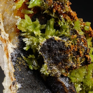 Puede incluir: Primer plano de un espécimen mineral con racimos de cristales de color verde lima brillante. Los cristales se asientan sobre una matriz de roca negra, blanca y marrón anaranjado. La textura es áspera y detallada, mostrando la belleza geológica natural.