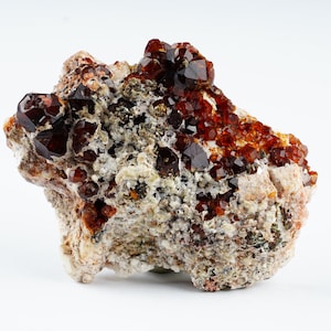 Könnte beinhalten: Ein rohes Mineralexemplar mit Clustern aus tiefroten, facettierten Granatkristallen, die in eine raue, texturierte Matrix aus grauem und weißem Gestein eingebettet sind. Die Kristallstruktur weist scharfe, geometrische Kanten und eine glänzende Oberfläche auf.