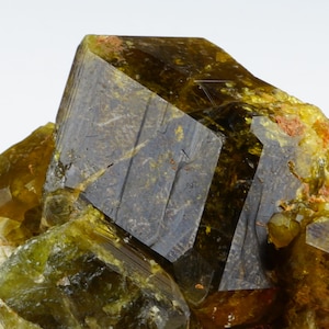 Pode incluir: Um grupo de cristais de granada andradita verde e marrom. Os cristais são translúcidos e têm um brilho vítreo. O cristal maior é um cristal bem formado, de bordas afiadas, duplamente terminado.