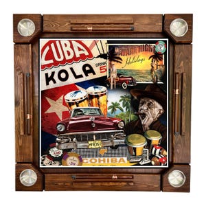 May include: A wooden dominoes game set with a collage of Cuban imagery. The central image features a vintage car, drums, and text that reads "CUBA KOLA". The set has metal cup holders and a dark wood finish.