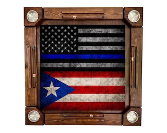 Full-size Handmade Wooden Domino Table: Puerto Rico & American Police/Law Enforcement Flags - Wood folding legs - Made in USA