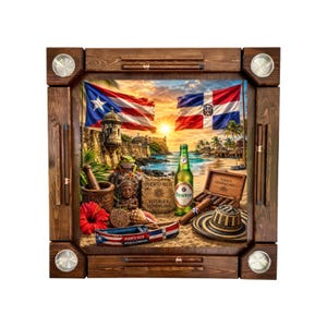 May include: A square wooden cigar tray featuring four metal ashtray inserts at the corners and slots for cigars. The center displays a vibrant scene with the flags of Puerto Rico and the Dominican Republic, a Presidente beer bottle, a hat, and cigars.