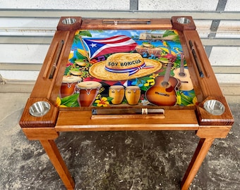 Full-size Handmade Wooden/wood domino table Puerto Rico Flag - Wood Folding Legs - Made in USA - Cherry Stain