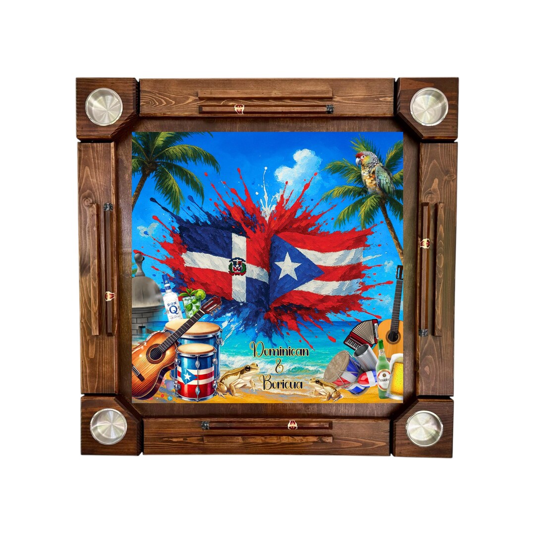 Full-size Handmade Wooden Domino Table: Puerto Rico & Dominican Republic Flags - Wood folding legs - Made in USA