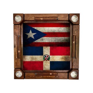 Handmade Wooden Domino Table: Puerto Rico & Dominican Republic Flags - Wood folding legs - Made in USA