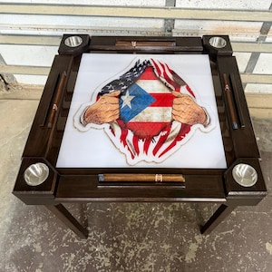Handmade Full Size Wooden/wood domino table- Puerto Rico and USA Flags - Wood Folding Legs - Made in USA - kona stain