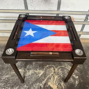 Wooden/wood domino table- Puerto Rico Flag - Wood Folding Legs - Made in USA - kona Stain
