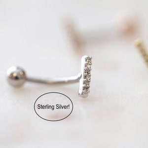 Sterling Silver CZ Paved Bar Belly Button Ring Floating Navel Ring Small Dainty Gold Belly Rings Hypoallergenic Tiny Line Belly Ring image 1