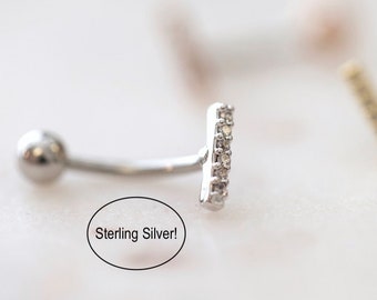 Sterling Silver CZ Paved Bar Belly Button Ring • Floating Navel Ring • Small Dainty Gold Belly Rings • Hypoallergenic Tiny Line Belly Ring