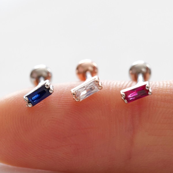 Tiny Baguette Tragus Labret • Square Rhinestone Cartilage Piercing • Vibrant Rectangular Colorful Threadless Pushpin • Forward Helix Earring