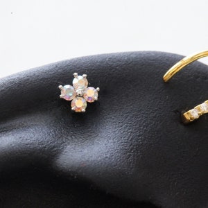 Mini Iridescent 4 Petal Flower Cartilage Earring • Threadless Pushin Conch Labret • Dainty Holographic Flower • Tiny Flower Tragus Stud