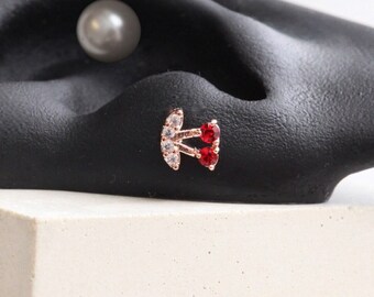 Red Cherry Threadless Pushpin • Fruit Cartilage Earring • Dainty Tragus Labret • Sparkly Conch Piercing • Silver Cherry Screwback Stud Gifts