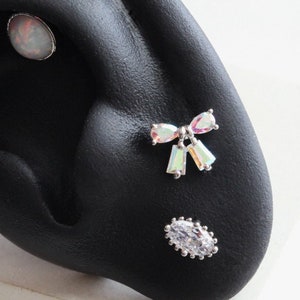 Iridescent Ribbon Cartilage Stud Conch Labret Holographic Bow Threadless Pushback 18g Flat Back Lobe Earring Tie the Knot Piercing image 3