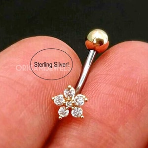 Small Flower Belly Button Ring Sterling Silver Floating Navel Ring Tiny Mini Floral Belly Piercing Dainty Gold Vermeil Belly Jewelry image 1
