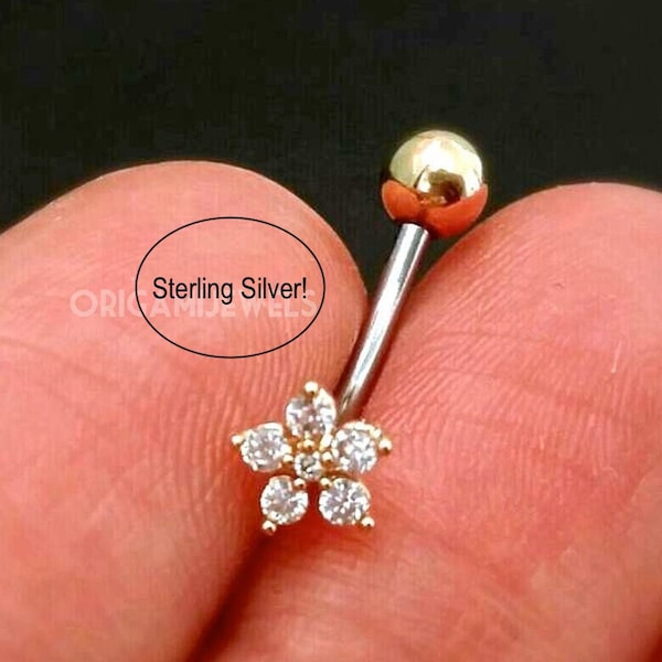 Small Flower Belly Button Ring • Sterling Silver Floating Navel Ring • Tiny Mini Floral Belly Piercing • Dainty Gold Vermeil Belly Jewelry