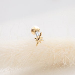 May include: A gold-colored starburst stud earring. The earring features a small, round backing and a decorative starburst design. The earring is set against a soft, white background.