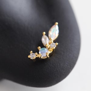Aurora Earrings • Blossom Flower Threadless Labret • Long Flower Piercing • Spring Floral Cartilage Stud • Moonstone Earrings for Women