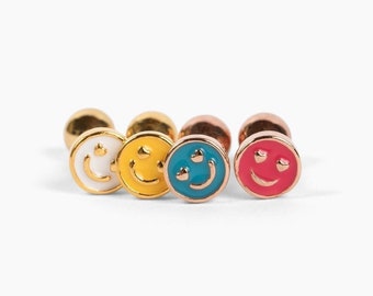 Tiny Smiley Cartilage Earrings • Smiley Face Tragus Stud • Round Conch • Happy Face Labret • Dainty Rose gold Piercing • Popular Studs