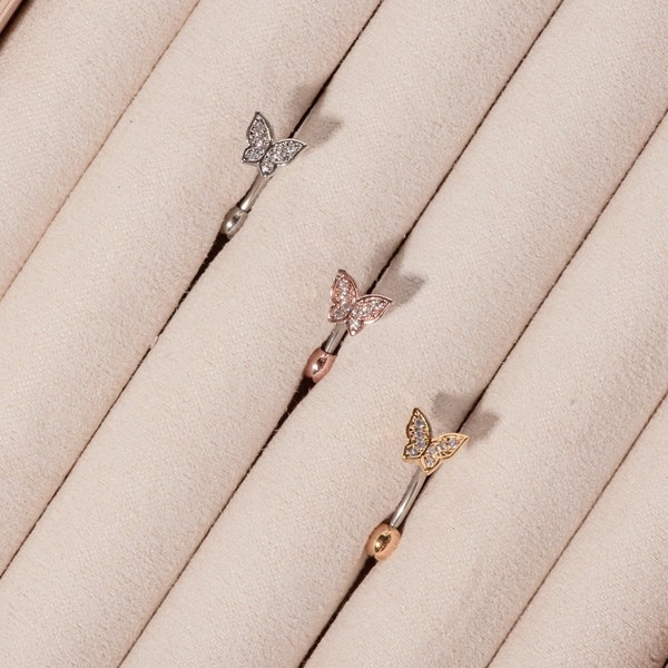 Stone Pave Butterfly Navel Ring • Floating Belly Ring • Minimalist Belly Button Ring • Small Dainty Trendy Belly Rings • Modern Gifts