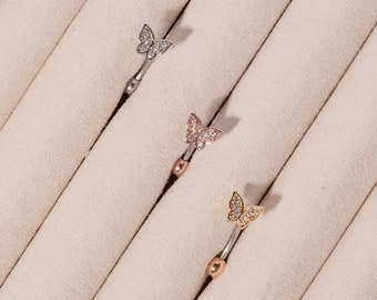 Stone Pave Butterfly Navel Ring • Floating Belly Ring • Minimalist Belly Button Ring • Small Dainty Trendy Belly Rings • Modern Gifts